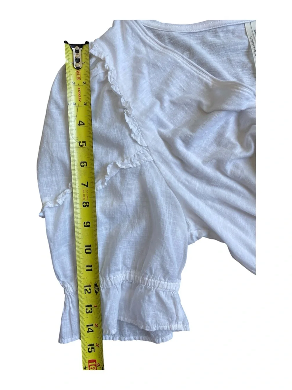Anthropologie White Ruched V-Neck Puff Sleeve Cotton Blouse Top Size L